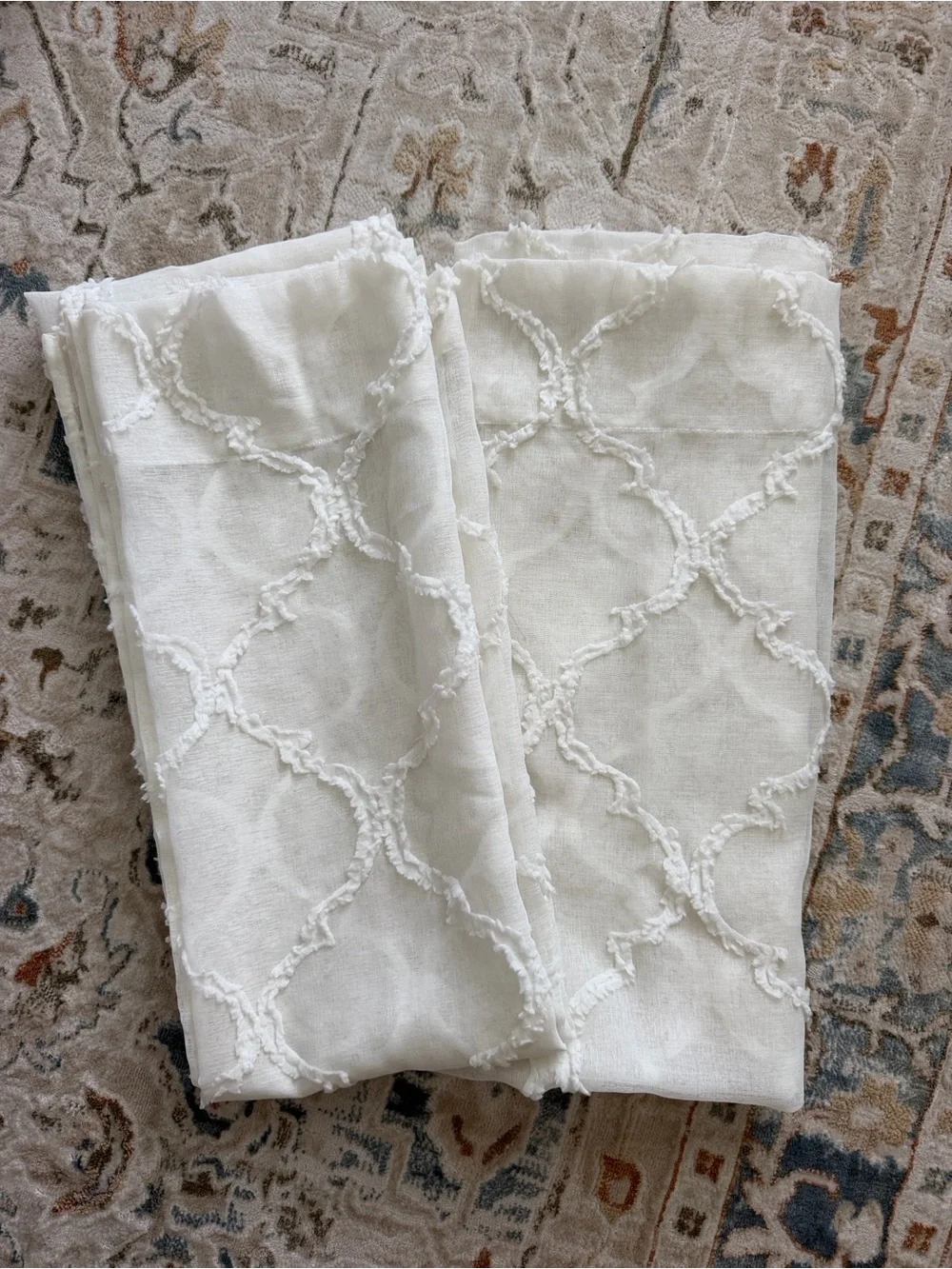 Two panels 84” Sheer Embroidered Trellis Curtain Panel - White